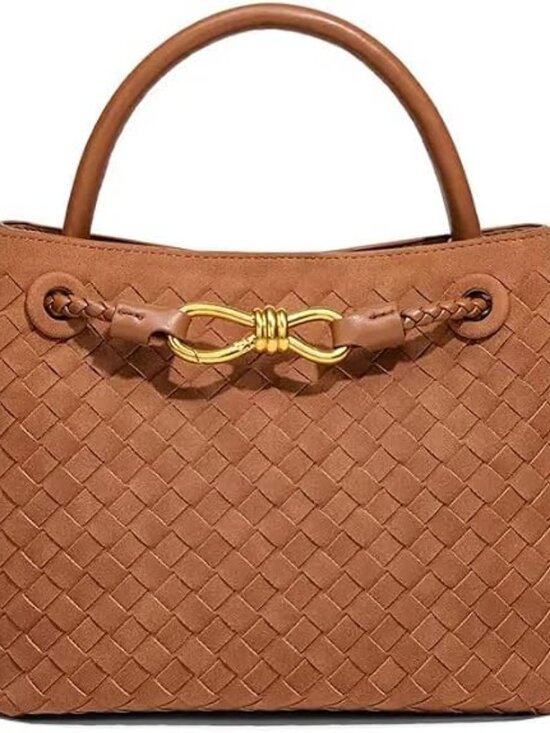 Handbags - Women's B Brown Woven Leather Tote Handle Designer Handbag Shoulder Bag
